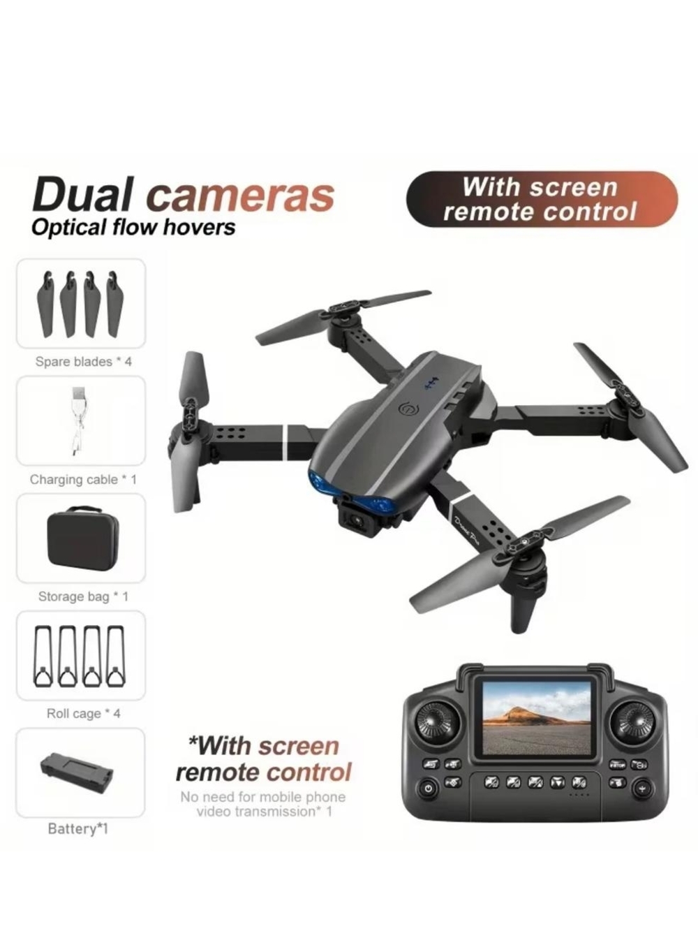 Foldable Dual-Camera Drone in Dark Gray with Screen Remote